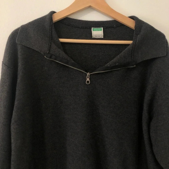 Italian Wool Blend Benetton Quarter Zip Collar Gray Sweater Medium M - Picture 2 of 8